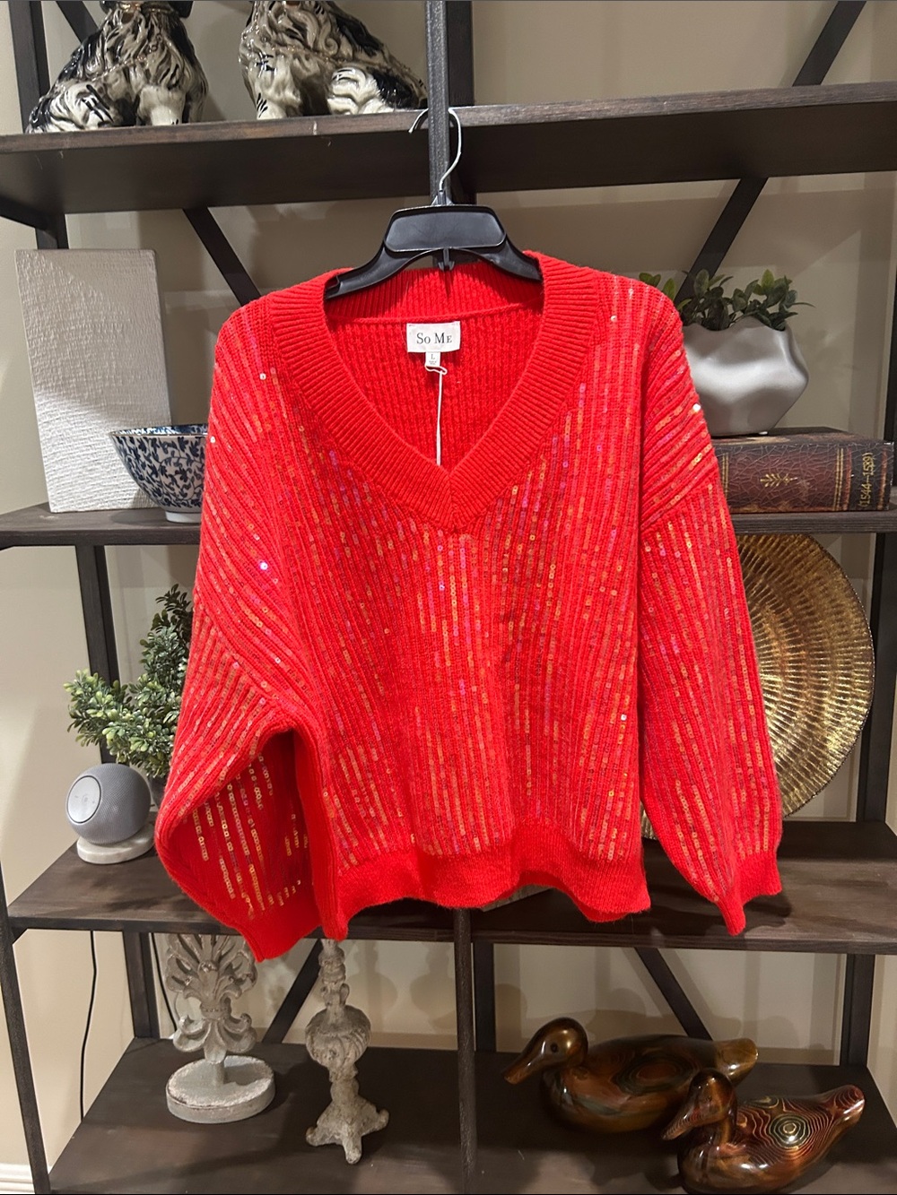 So Me Bright Red V-Neck Sequin Ribbed Sweater